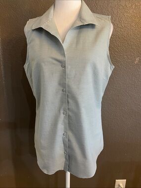 Talbots Sleeveless Micro-Stripe Button Front Top - Light green & White.